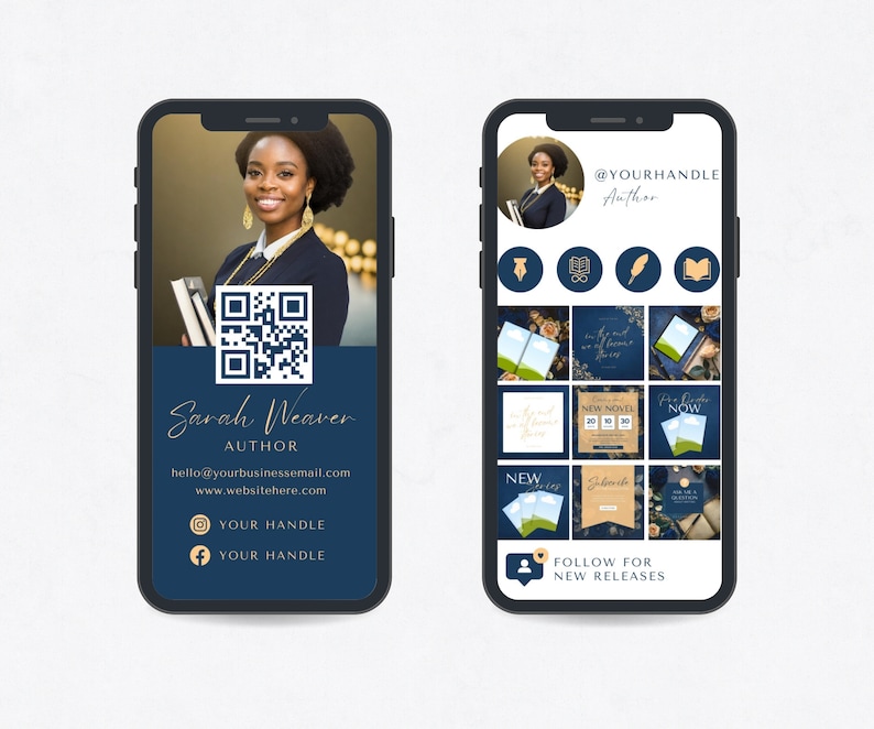 May include: A blue and gold mobile phone screen displaying a social media profile for an author. The profile includes a photo of the author, a QR code, contact information, and social media links. The profile also includes a grid of images promoting the author's books.