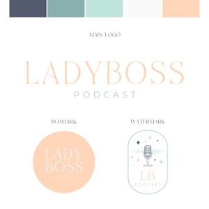 May include: A logo design for a podcast called "Ladyboss Podcast". The logo is in a minimalist style with the text "Ladyboss Podcast" in a light pink color. There are three variations of the logo: a main logo, a submark, and a watermark. The submark is a circle with the text "Ladyboss Podcast" inside. The watermark is a microphone with stars and the text "LB Podcast" inside an oval.