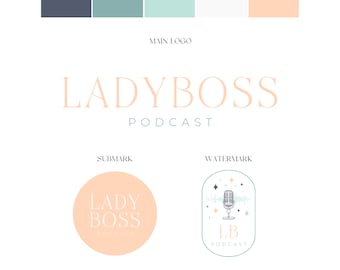 Podcast Logo Template, Peach and Mint Branding, DIY Canva Submark (PDF)