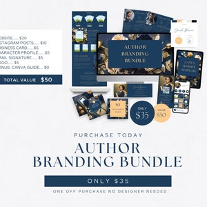 May include: A blue and gold graphic design bundle for authors. The bundle includes a website template, social media graphics, and a character profile template. The text "AUTHOR BRANDING BUNDLE" is displayed in large, bold letters. The text "ONLY $35" is displayed in smaller letters below the bundle title.