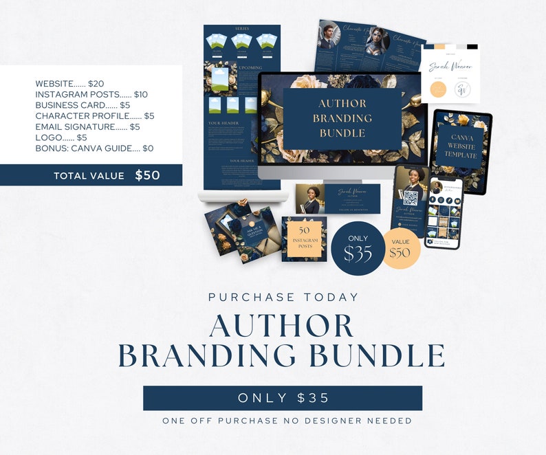 May include: A blue and gold graphic design bundle for authors. The bundle includes a website template, social media graphics, and a character profile template. The text "AUTHOR BRANDING BUNDLE" is displayed in large, bold letters. The text "ONLY $35" is displayed in smaller letters below the bundle title.