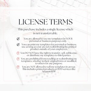 May include: A white background with black text outlining the terms of a single license for digital templates. The text states that the license is not transferable and outlines what is and is not allowed under the license.