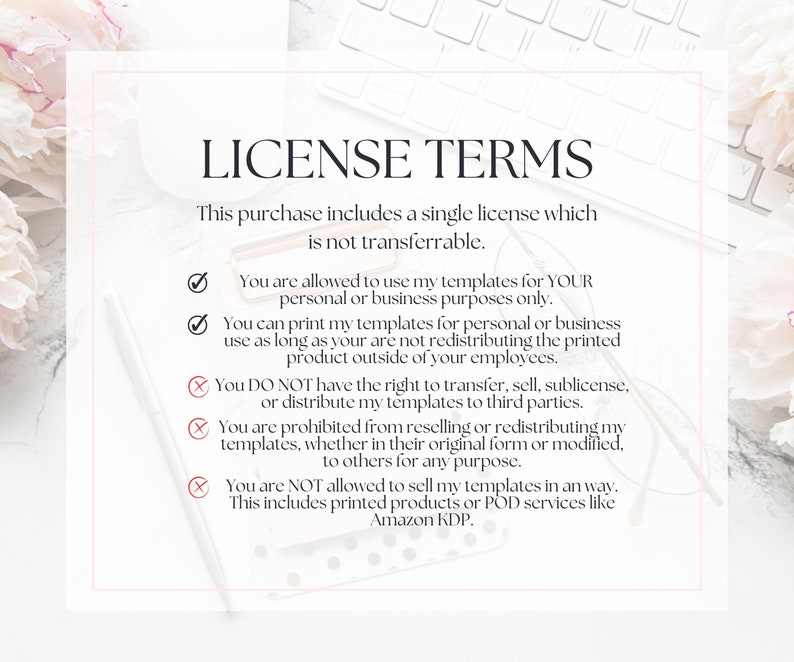 May include: A white background with black text outlining the terms of a single license for digital templates. The text states that the license is not transferable and outlines what is and is not allowed under the license.