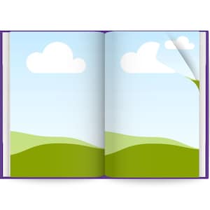 May include: An open book with a purple cover. The pages are turned to reveal a blue sky with white clouds and green hills.