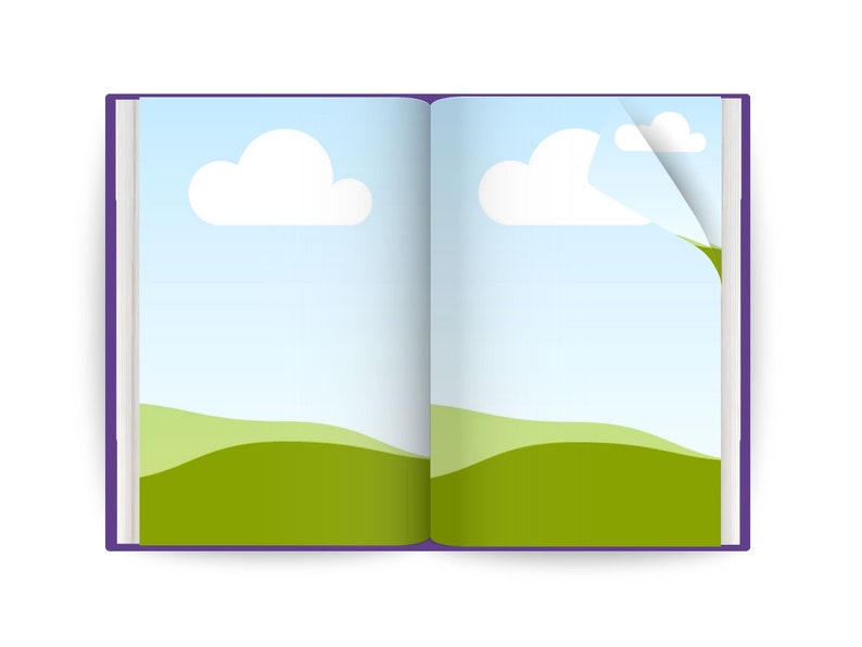 May include: An open book with a purple cover. The pages are turned to reveal a blue sky with white clouds and green hills.