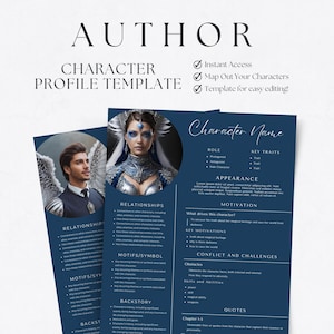 May include: A blue and white character profile template with a checklist for instant access, mapping out characters, and easy editing. The template includes sections for character name, role, key traits, appearance, motivation, conflict and challenges, motifs/symbols, backstory, and quotes.