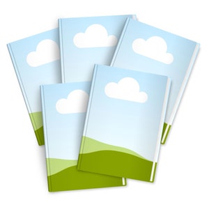 May include: Stack of five blue and green notebooks with a white cloud and green hill design.