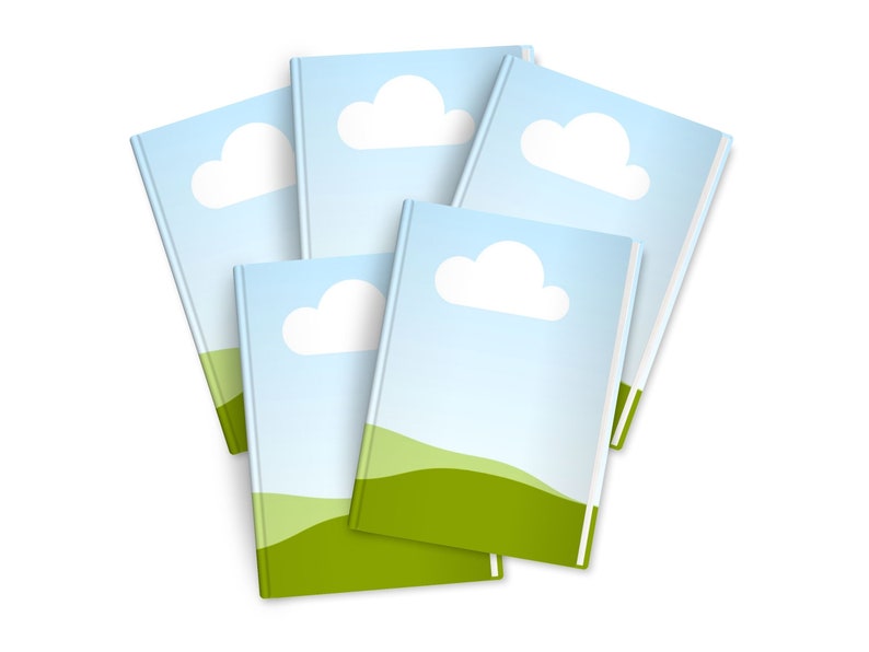 May include: Stack of five blue and green notebooks with a white cloud and green hill design.