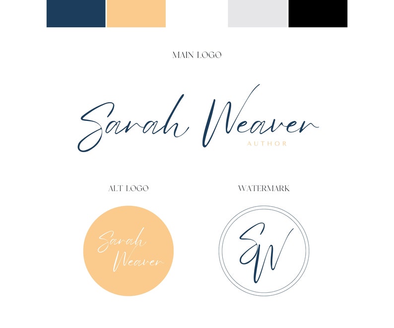 May include: A logo design for Sarah Weaver, Author. The main logo features the name "Sarah Weaver" in a handwritten script font with the word "Author" in a smaller font below. The alternate logo is a circle with the name "Sarah Weaver" in a handwritten script font. The watermark is a circle with the initials "SW" in a handwritten script font.