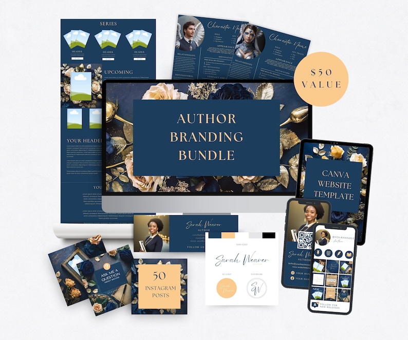 May include: A blue and gold author branding bundle with a value of $50. The bundle includes a Canva website template, 50 Instagram posts, and a character profile template. The bundle is displayed on a computer screen, a tablet, and two smartphones.