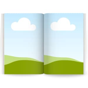 May include: An open book with a blue sky and white clouds on the pages. The bottom of the pages show green hills.
