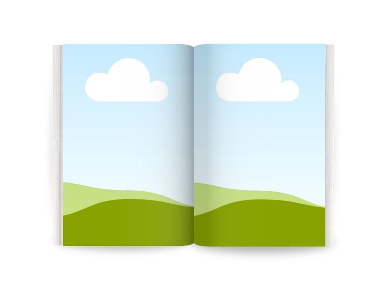 May include: An open book with a blue sky and white clouds on the pages. The bottom of the pages show green hills.