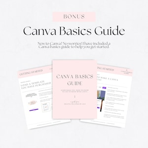 May include: A pink and white guide with the title "Canva Basics Guide" and the text "Everything you need to know to get started with Canva". The guide includes two sections: "Getting Started" and "To Make a Canva Account".