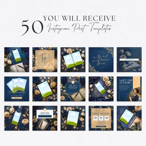 May include: A set of 50 Instagram post templates for authors. The templates feature a blue and gold color scheme with floral accents and images of books, phones, and text. The text includes phrases like "My Top 5 Fantasy Book Recs", "Ask Me a Question", and "Meet the Author".