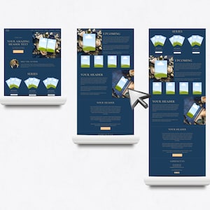 May include: A website mockup with a blue background and gold accents. The website features a series of images with a blue sky and green grass, and the text "YOUR AMAZING HEADER TEXT".