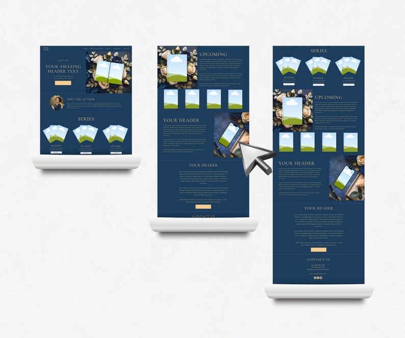 May include: A website mockup with a blue background and gold accents. The website features a series of images with a blue sky and green grass, and the text "YOUR AMAZING HEADER TEXT".