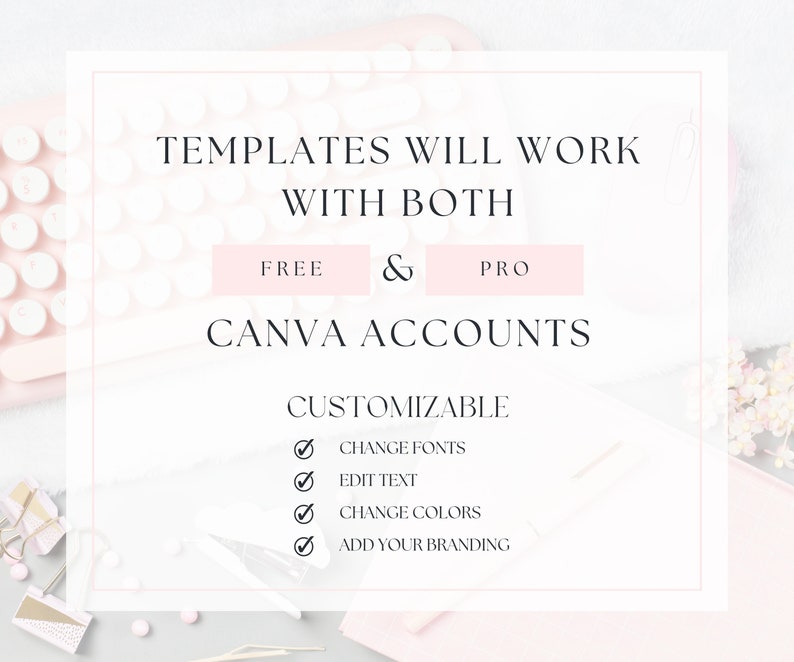 May include: A white graphic with black text that reads "TEMPLATES WILL WORK WITH BOTH FREE & PRO CANVA ACCOUNTS CUSTOMIZABLE CHANGE FONTS EDIT TEXT CHANGE COLORS ADD YOUR BRANDING".