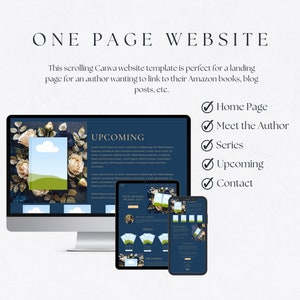 May include: A mockup of a one-page website template for authors. The template features a blue background with white text and a floral design. The text on the website includes "Upcoming", "Series", and "Your Amazing Header Text".