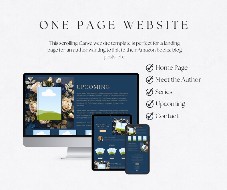 May include: A mockup of a one-page website template for authors. The template features a blue background with white text and a floral design. The text on the website includes "Upcoming", "Series", and "Your Amazing Header Text".