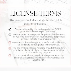 May include: A white background with black text outlining the terms of a single license for digital templates. The text states that the license is not transferable and outlines the permitted and prohibited uses of the templates.