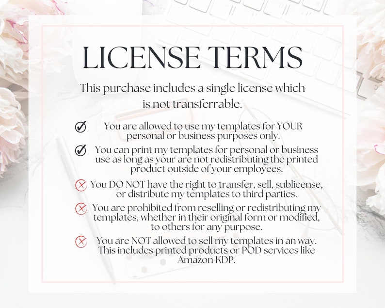 May include: A white background with black text outlining the terms of a single license for digital templates. The text states that the license is not transferable and outlines the permitted and prohibited uses of the templates.