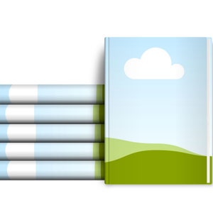 May include: A stack of five blue and white striped books with a green and blue book on top. The cover of the green and blue book has a white cloud and a green grassy hill.