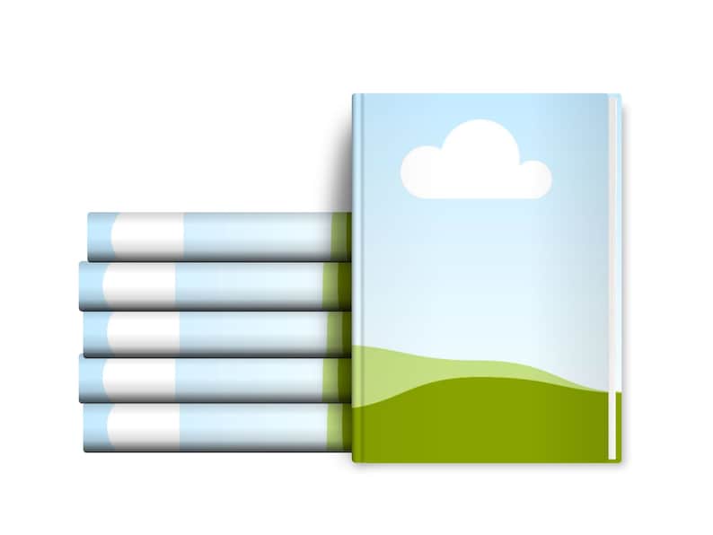 May include: A stack of five blue and white striped books with a green and blue book on top. The cover of the green and blue book has a white cloud and a green grassy hill.