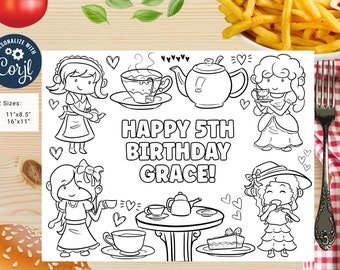 Editable tea party girls coloring page | tea party coloring page | tea birthday party coloring page | tea time birthday party  #K182