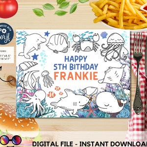 Editable Under the Sea coloring page with a pop of color | Placemat coloring page | Any Age | Under the Sea Party Activity #K93