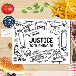 May include: Black and white printable birthday party invitation featuring a skateboard theme. The invitation says "Skate on over to celebrate Justice is turning 8!" and includes various skateboard designs.