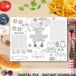 May include: A printable coloring page featuring a frog theme. The page includes a word search, connect the dots, maze, and a happy 9th birthday message for Ariel. The page is designed for a child's birthday party.