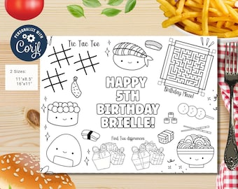 Editable Sushi coloring page | Placemat coloring page with games | Any Age | Cute Sushi  birthday | Cute Sushi  Party Activity |  #K91