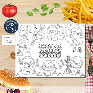 Editable Cute Sloth coloring page | Placemat coloring page | Any Age | Sloth birthday | Playful Sloth Party Activity | Sloth to color #K164