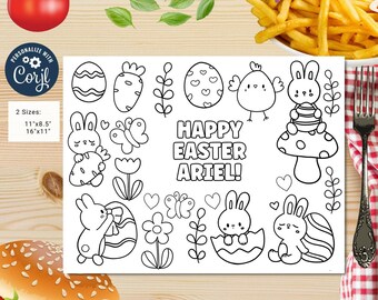 May include: A black and white printable coloring page featuring a bunny rabbit, an egg, a butterfly, a flower, and the text "Happy Easter Ariel!" The page is designed for a child's Easter celebration.