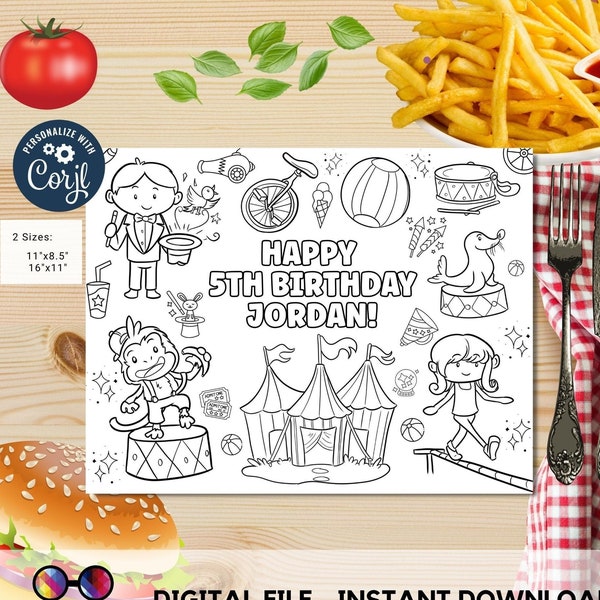 Editable circus coloring page | Placemat coloring page | Any Age | Circus birthday party | Circus Party Activity  #K119