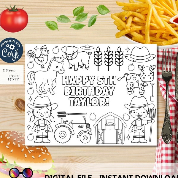 Editable Farm kids coloring page | Farm birthday Placemat | Any Age | Barnyard birthday | Game Farm Party Activity