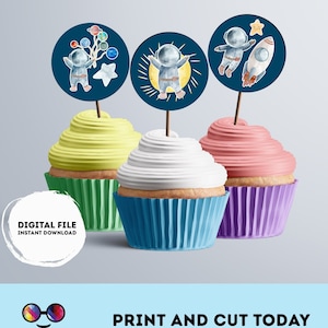Instant Download First Trip Around the Sun cupcake toppers | Outer Space birthday | Astronaut Birthday Party | Outer Space stickers  #K5