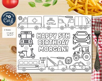 May include: A black and white printable colouring page featuring a variety of vehicles, including a school bus, ambulance, refuse truck, and a tow truck. The page also includes the text "Happy 5th Birthday Morgan!"