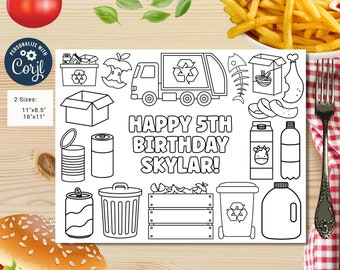 May include: A black and white printable coloring page featuring a garbage truck, recycling bins, and other items. The page says "Happy 5th Birthday Skylar!" and is available in two sizes: 11" x 8.5" and 16" x 11".