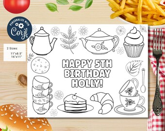 Editable tea party coloring page | tea party coloring page | tea birthday party coloring page | tea time birthday party | flowers #K182