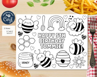 Editable bumble bee coloring page | Placemat coloring page | Any Age | Baby shower | Birthday activity | party placemat | Bumble bee