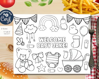 Editable baby shower coloring page | Placemat coloring page | Any Age | Baby shower | Baby shower activity | party placemat | Baby boy