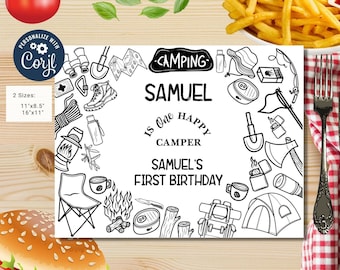 Editable Happy Camper coloring page | Placemat coloring page | Any Age | One Happy Camper birthday | camping Party Activity Party Favor #K95