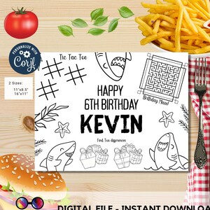 Editable Sharks coloring page | Placemat coloring page | Any Age | Sharks birthday | Under the Sea Party Activity Games | #K92