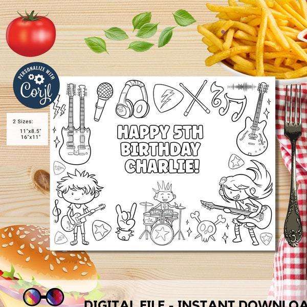 Editable Rockstar Birthday coloring page | Placemat coloring page | Any Age | Rock and Roll birthday party activity | bag filler #K150