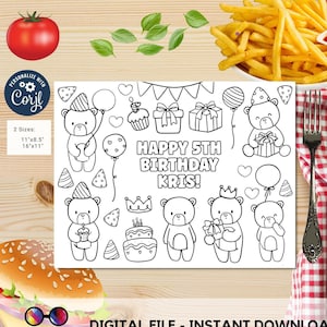 May include: A black and white printable coloring page featuring a birthday theme with teddy bears, presents, cake, balloons, and the text "Happy 5th Birthday Kris!" Available in two sizes: 11" x 8.5" and 16" x 11".