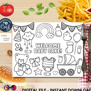 Editable baby shower coloring page | Placemat coloring page | Any Age | Baby shower | Baby shower activity | party placemat | Baby boy