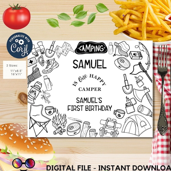 Editable Happy Camper coloring page | Placemat coloring page | Any Age | One Happy Camper birthday | camping Party Activity Party Favor #K95