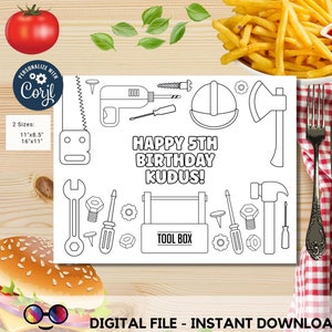 May include: A black and white printable coloring page featuring a toolbox, tools, and the text "Happy 5th Birthday Kudus!"  The page is designed for a birthday party.