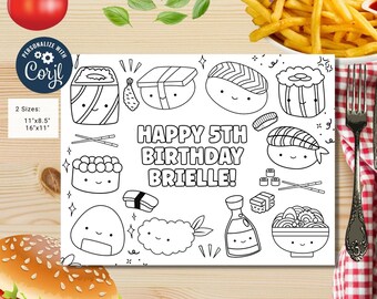 Editable Sushi coloring page | Placemat coloring page | Any Age | Cute Sushi  birthday | Cute Sushi  Party Activity  #K91